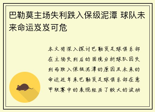 巴勒莫主场失利跌入保级泥潭 球队未来命运岌岌可危