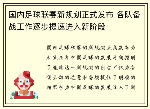 国内足球联赛新规划正式发布 各队备战工作逐步提速进入新阶段
