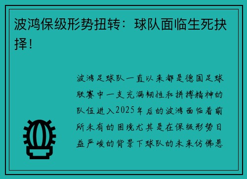波鸿保级形势扭转：球队面临生死抉择！