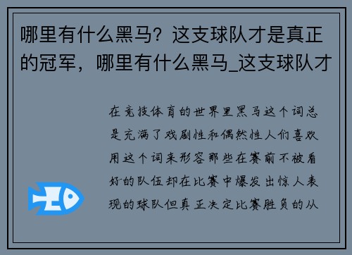 哪里有什么黑马？这支球队才是真正的冠军，哪里有什么黑马_这支球队才是真正的冠军呢