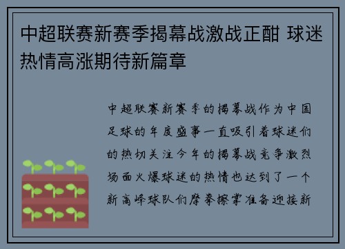 中超联赛新赛季揭幕战激战正酣 球迷热情高涨期待新篇章