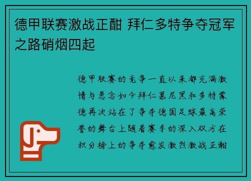 德甲联赛激战正酣 拜仁多特争夺冠军之路硝烟四起