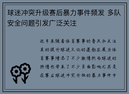 球迷冲突升级赛后暴力事件频发 多队安全问题引发广泛关注